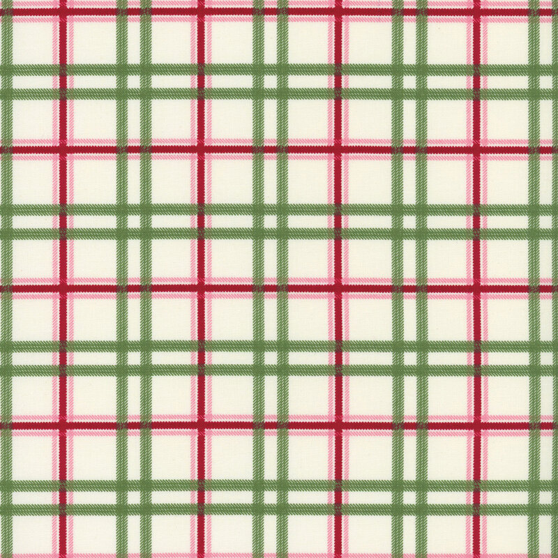 Green and red plaid pattern on a white background, featuring intersecting lines in a grid formation.