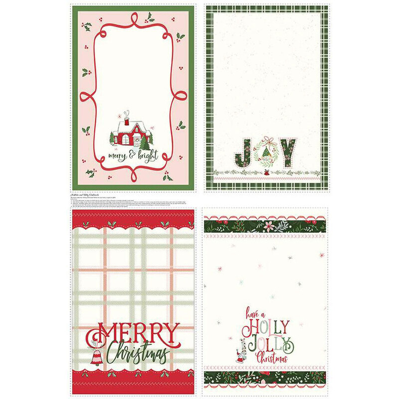 Four holiday-themed card designs featuring festive phrases like Merry Christmas and Joy.