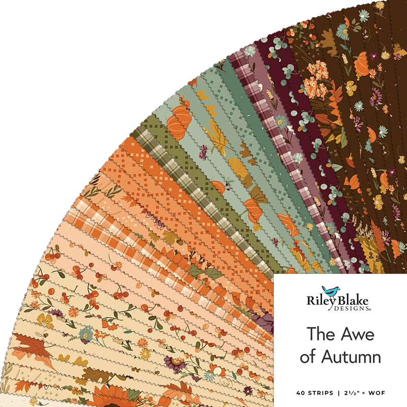 A fanned collage of fabric squares titled “The Awe of Autumn” by Riley Blake Designs, featuring autumn colors and patterns.