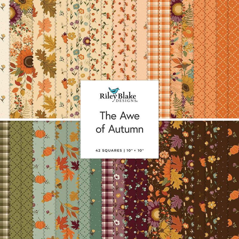 A stacked collage of fabric squares titled “The Awe of Autumn” by Riley Blake Designs, featuring autumn colors and patterns.