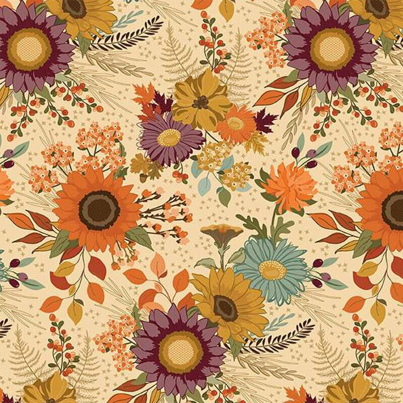 A vibrant floral fabric featuring sunflowers, daisies, and various blooms against a cream background.