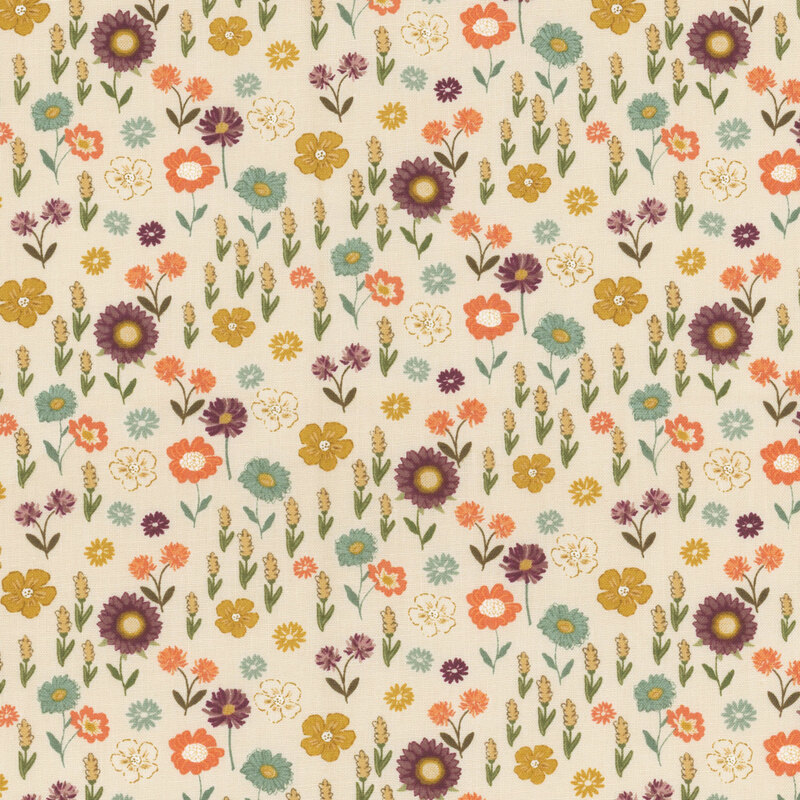 Floral fabric featuring colorful flowers and leaves on a light beige background.