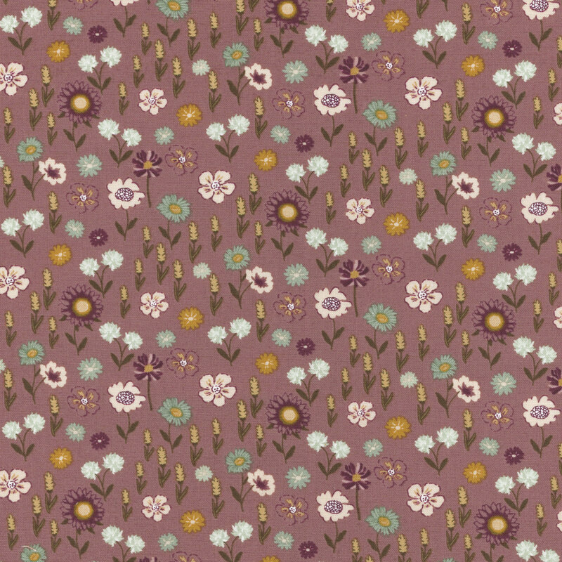 A repeating floral fabric with various colorful flowers and plants on a muted purple background.