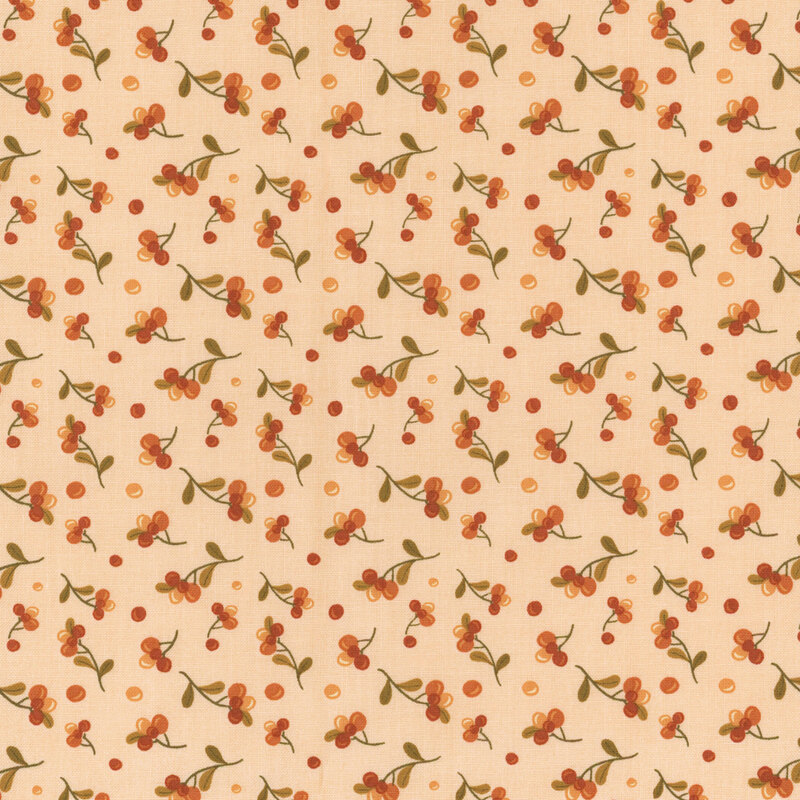 Fabric with a repeating pattern of orange and red berries on a soft peach background.