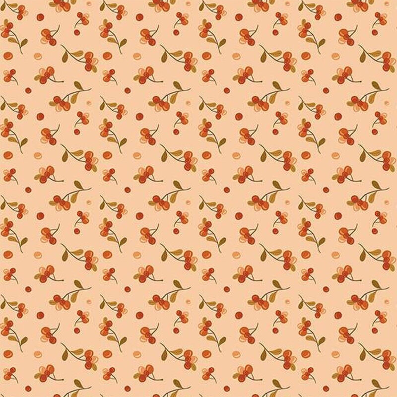 Fabric with a repeating pattern of orange and red berries on a soft peach background.