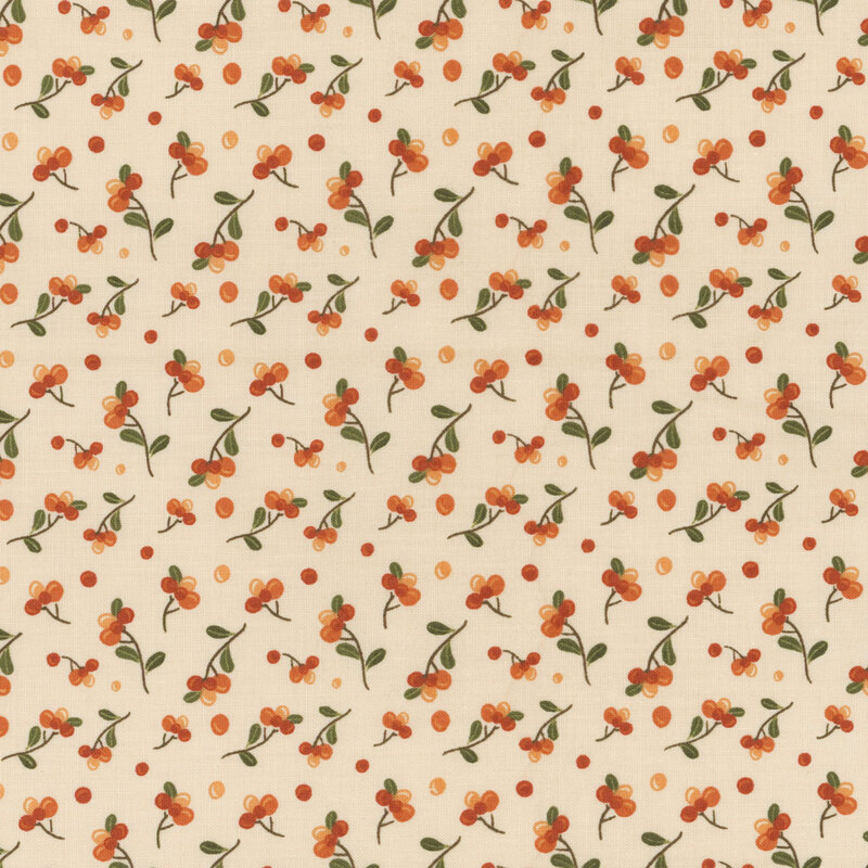 Fabric with a repeating pattern of orange and red berries on a cream background.