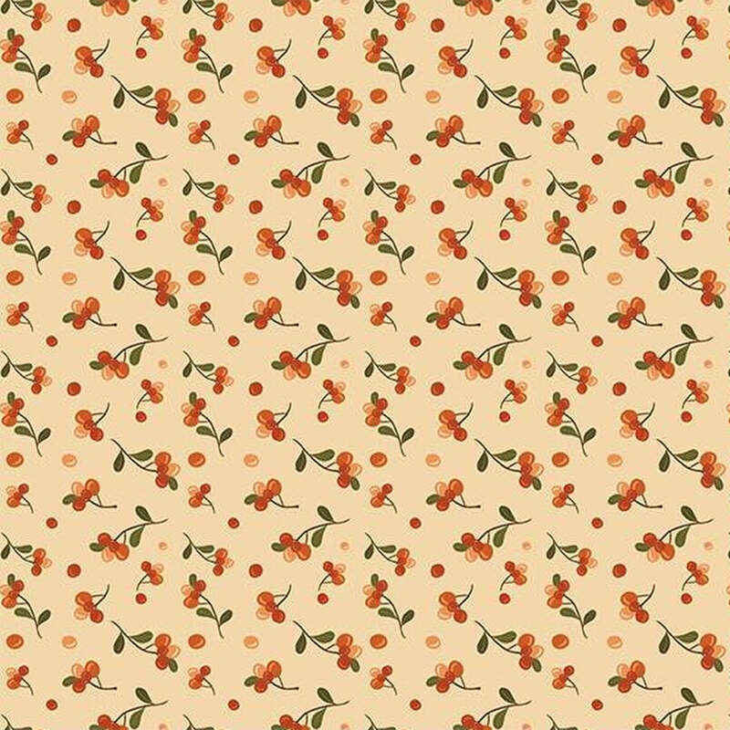 Fabric with a repeating pattern of orange and red berries on a cream background.