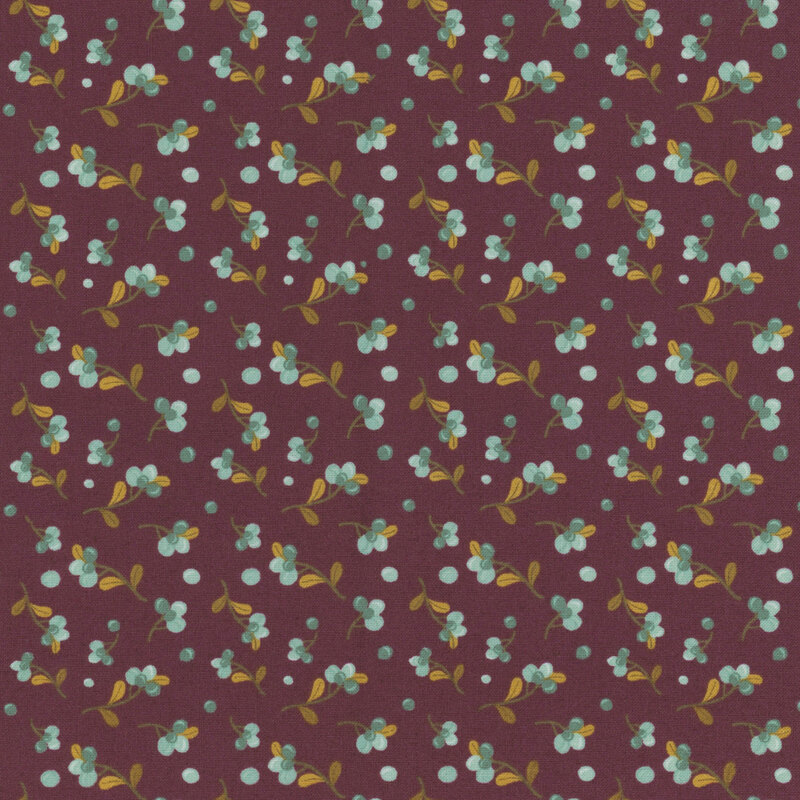 Fabric with a repeating pattern of aqua and teal berries on a rich mahogany background.