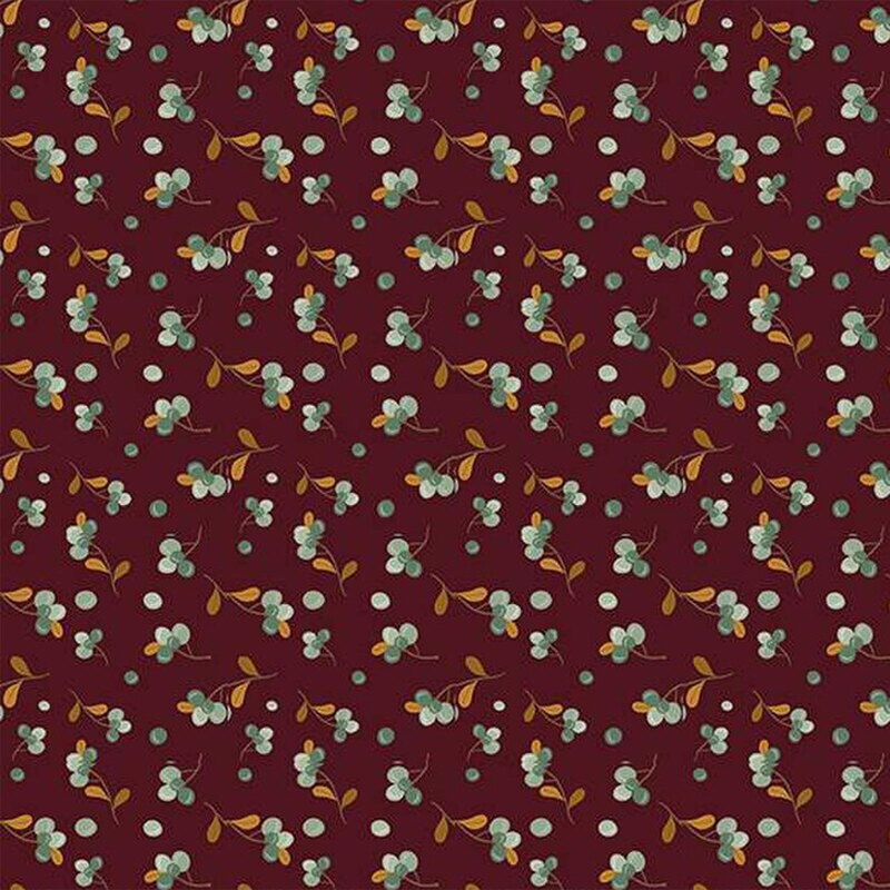 Fabric with a repeating pattern of aqua and teal berries on a rich mahogany background.