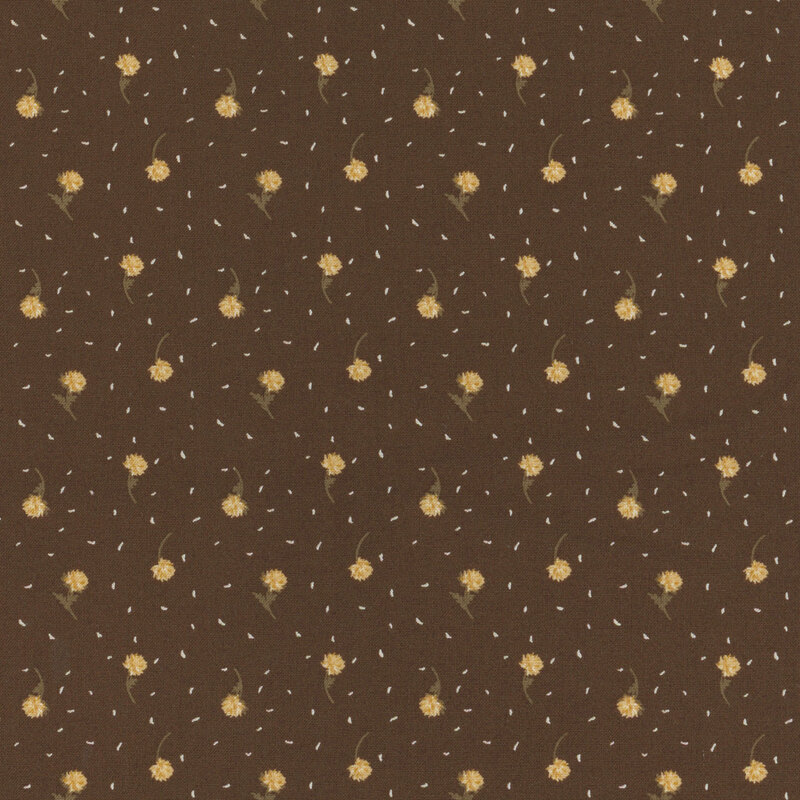 Fabric with a repeating floral pattern with small yellow flowers on a brown background.