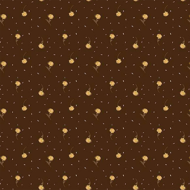 Fabric with a repeating floral pattern with small yellow flowers on a brown background.