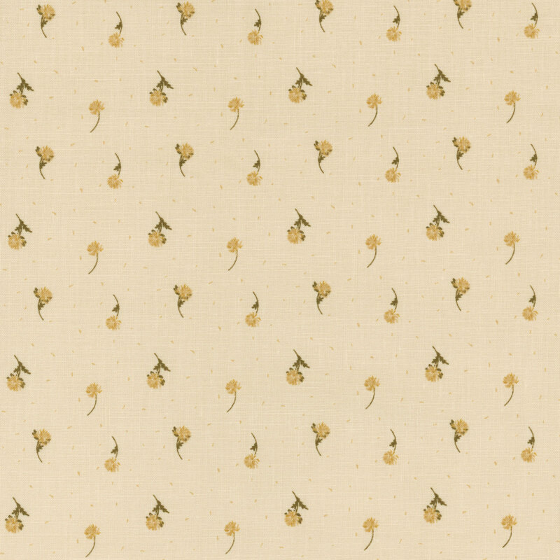 Fabric with a repeating floral pattern with small yellow flowers on a cream background.