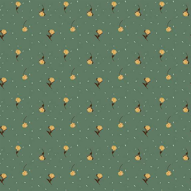 Fabric with a repeating floral pattern with small yellow flowers on a green background.