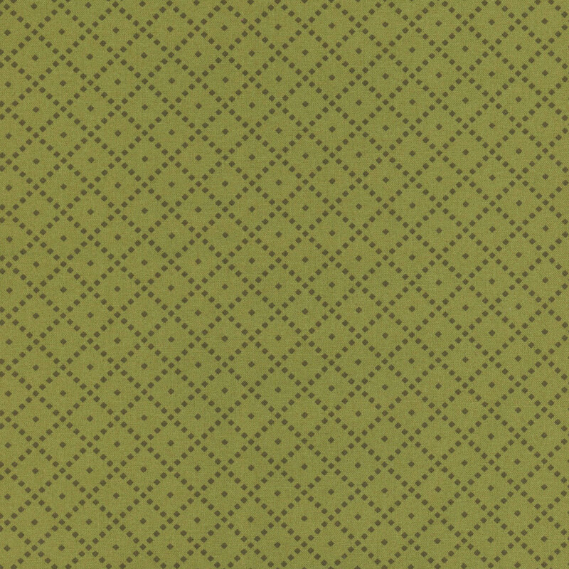 Fabric featuring a tonal green background with a diamond pattern and small light-colored dots.