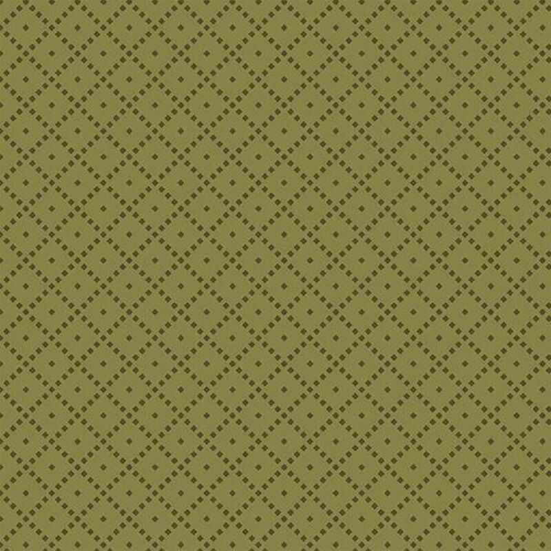 Fabric featuring a tonal green background with a diamond pattern and small light-colored dots.