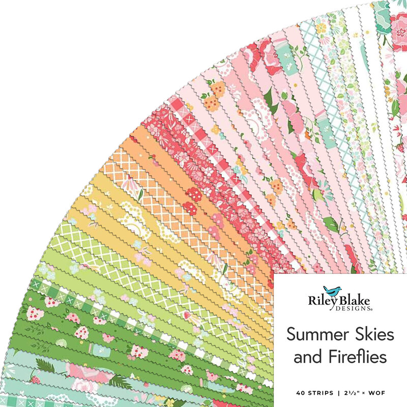 Colorful fabric strips arranged in a fan shape, labeled Summer Skies and Fireflies by Riley Blake Designs.