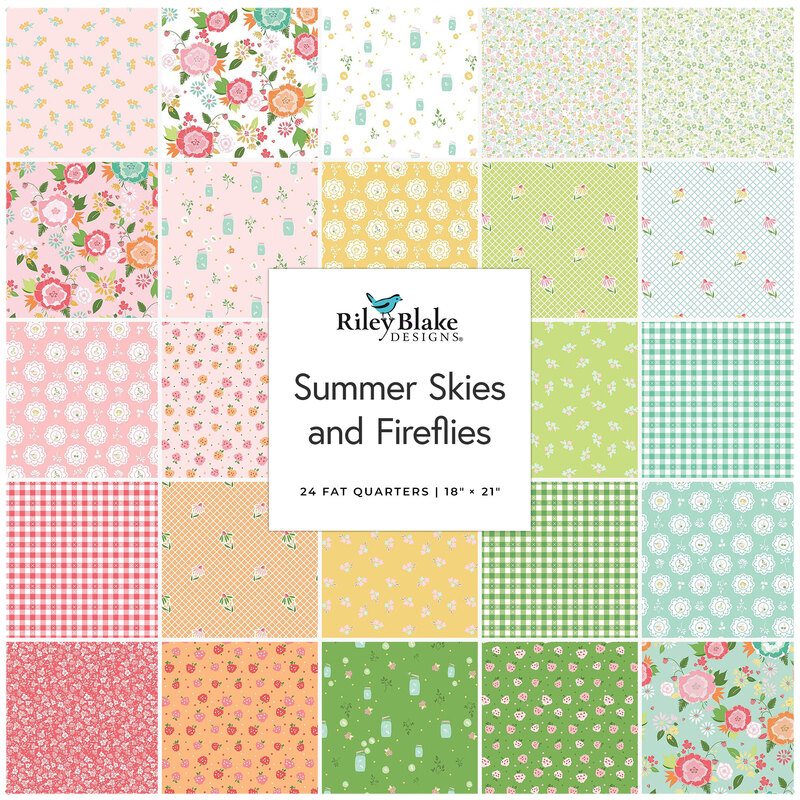 Colorful collage of fabrics squares, labeled Summer Skies and Fireflies by Riley Blake Designs.