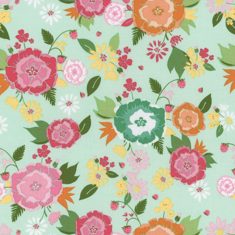 Seamless floral pattern featuring various colorful roses and small flowers on a light teal background.