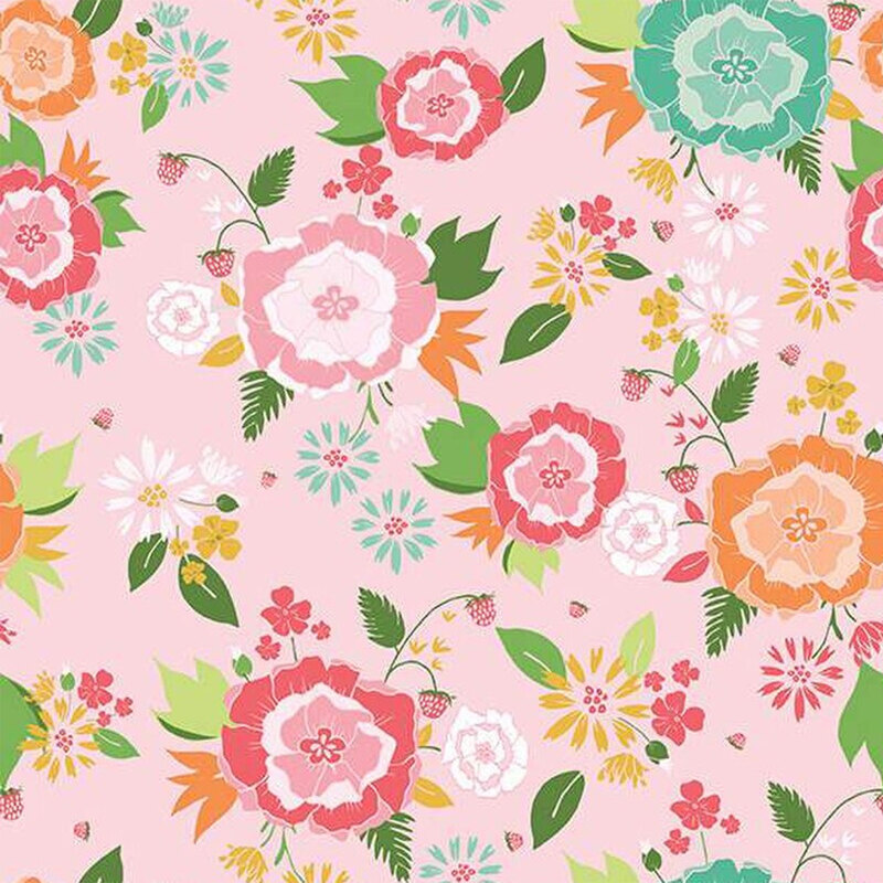 Floral pattern with various colorful flowers and leaves on a pink background.