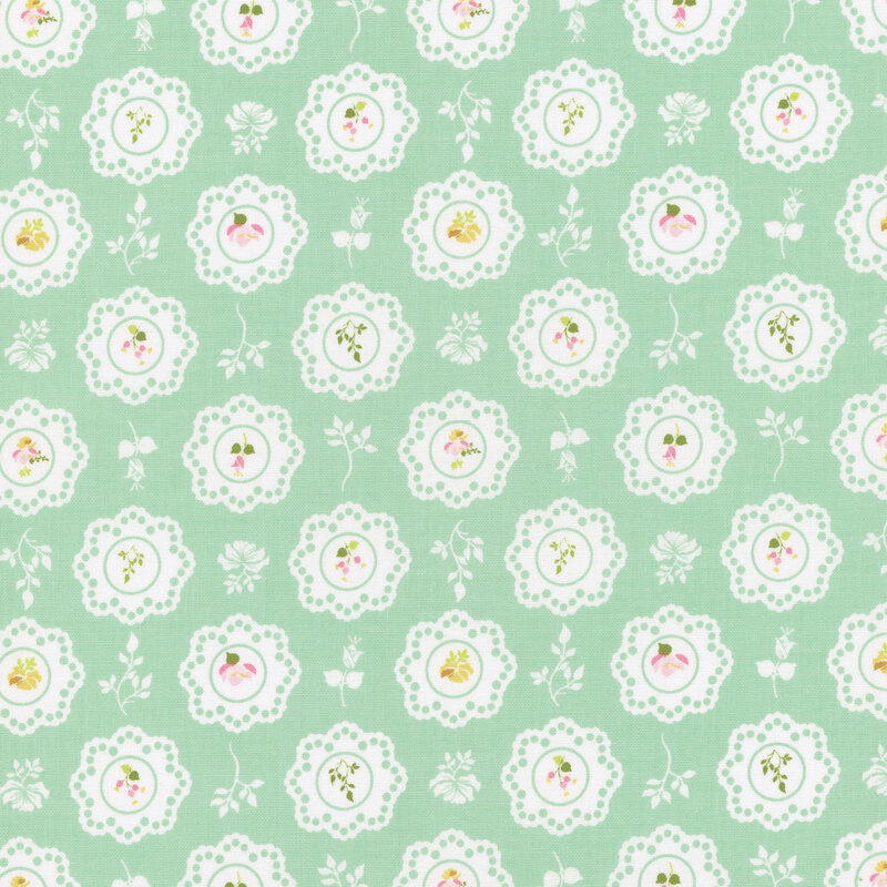 Repeating floral pattern with white lace-like embellishments on an aqua background.