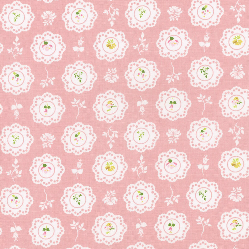 Repeating floral pattern with white lace-like embellishments on a pink background.