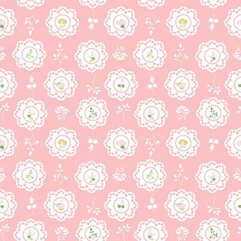 Repeating floral pattern with white lace-like embellishments on a pink background.