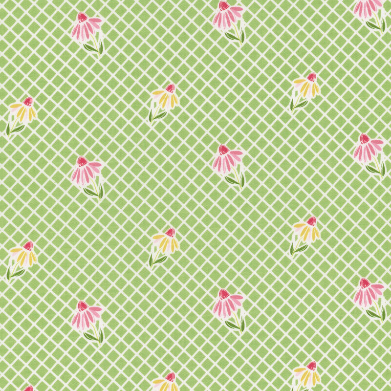 A fabric with a green lattice background featuring pink and white flowers