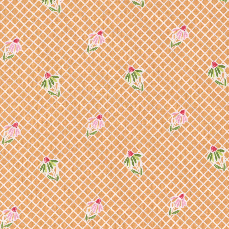 Fabric with an orange lattice background featuring scattered floral designs with pink and green accents.