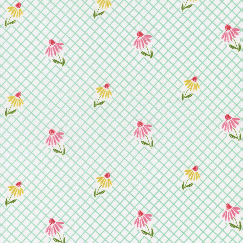 A repeating fabric pattern of pink and yellow flowers on a light blue lattice background.