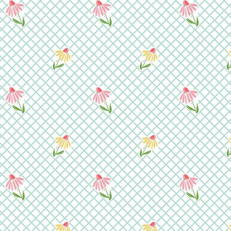 A repeating fabric pattern of pink and yellow flowers on a light blue lattice background.