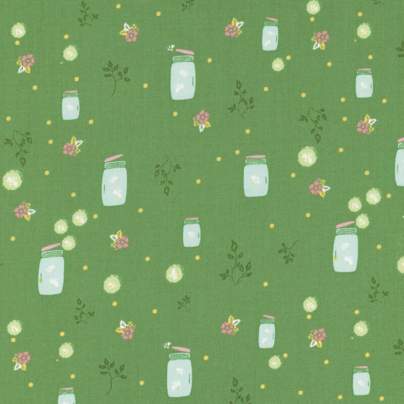 Green fabric with dark green sprigs, blue jars with fireflies, and small yellow flowers