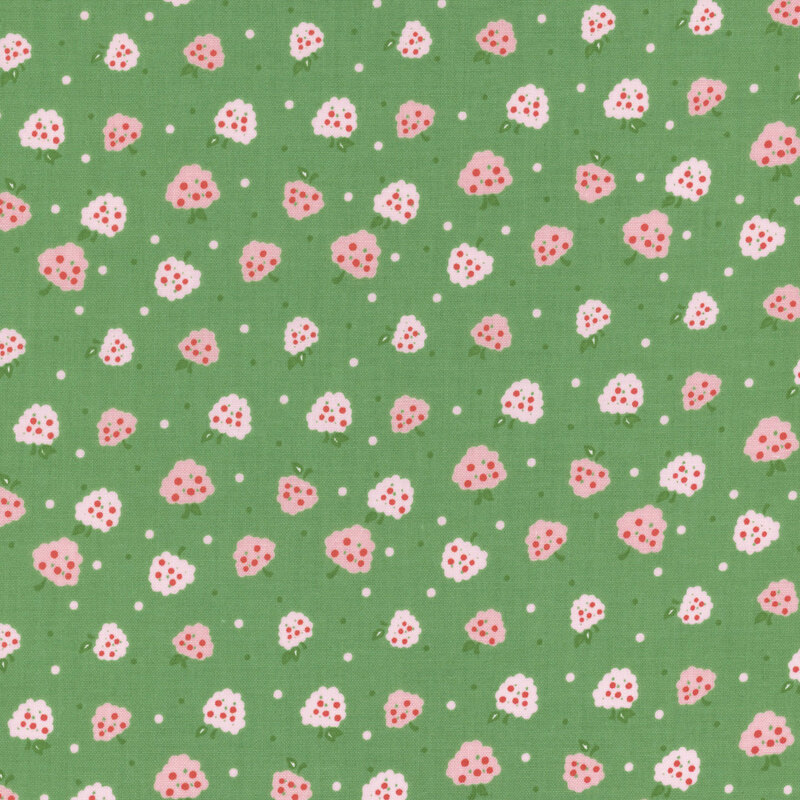 Green fabric covered in small pink berries surrounded with small brown dots throughout