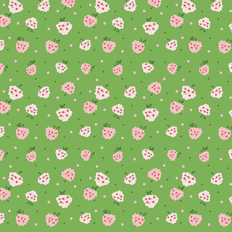 Green fabric covered in small pink berries surrounded with small brown dots throughout