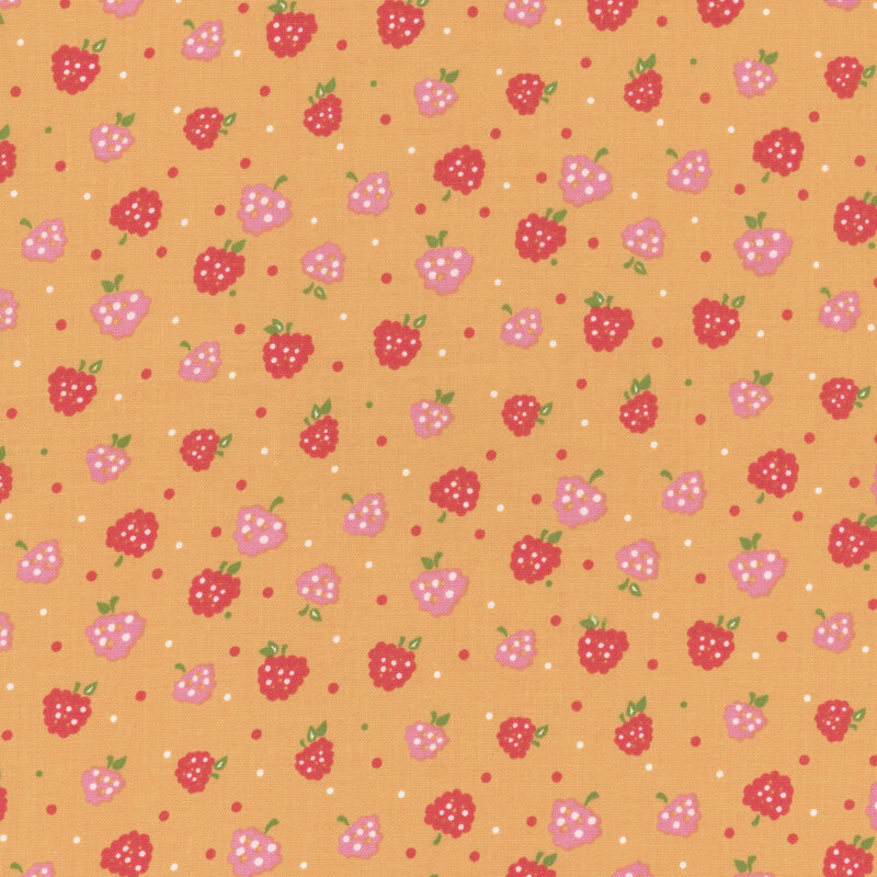 Burnt orange fabric covered in small red and pink berries surrounded with small brown dots throughout