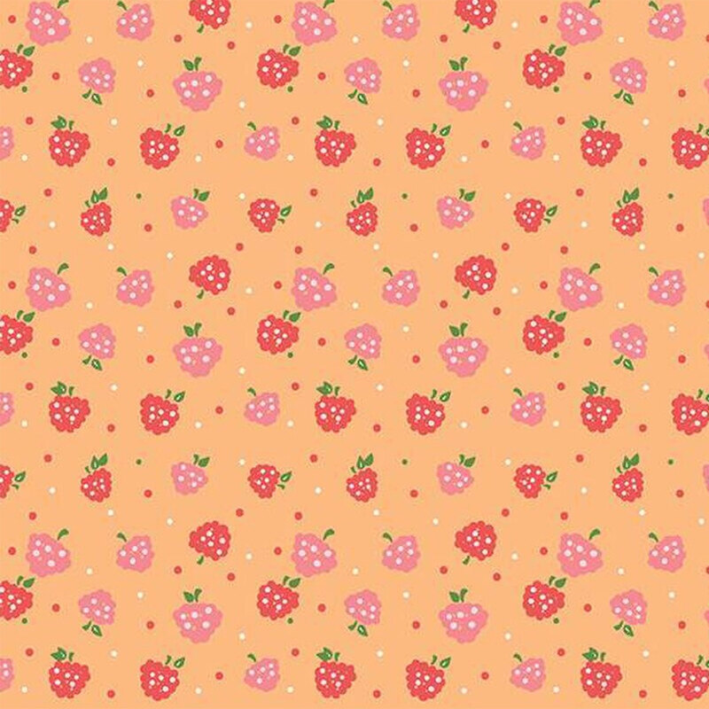 Burnt orange fabric covered in small red and pink berries surrounded with small brown dots throughout