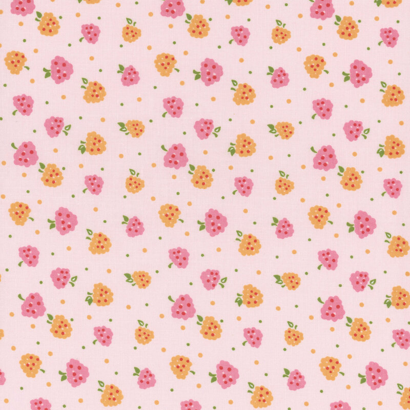Pink fabric covered in small yellow and pink berries surrounded with small brown dots throughout