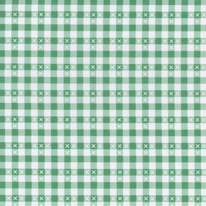 Aqua and white gingham print fabric with small white X's throughout