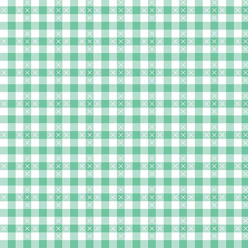 Aqua and white gingham print fabric with small white X's throughout