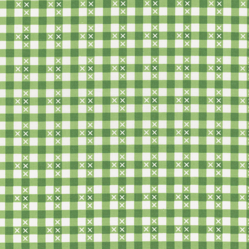 Green and white gingham print with small white X's throughout