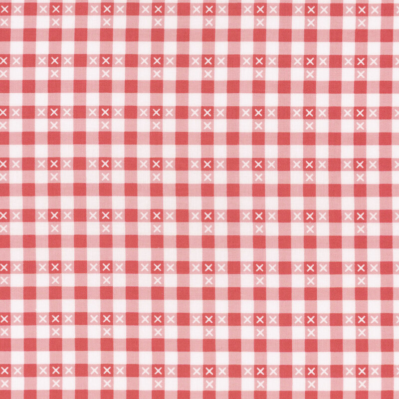 Red and white gingham print with small white X's throughout
