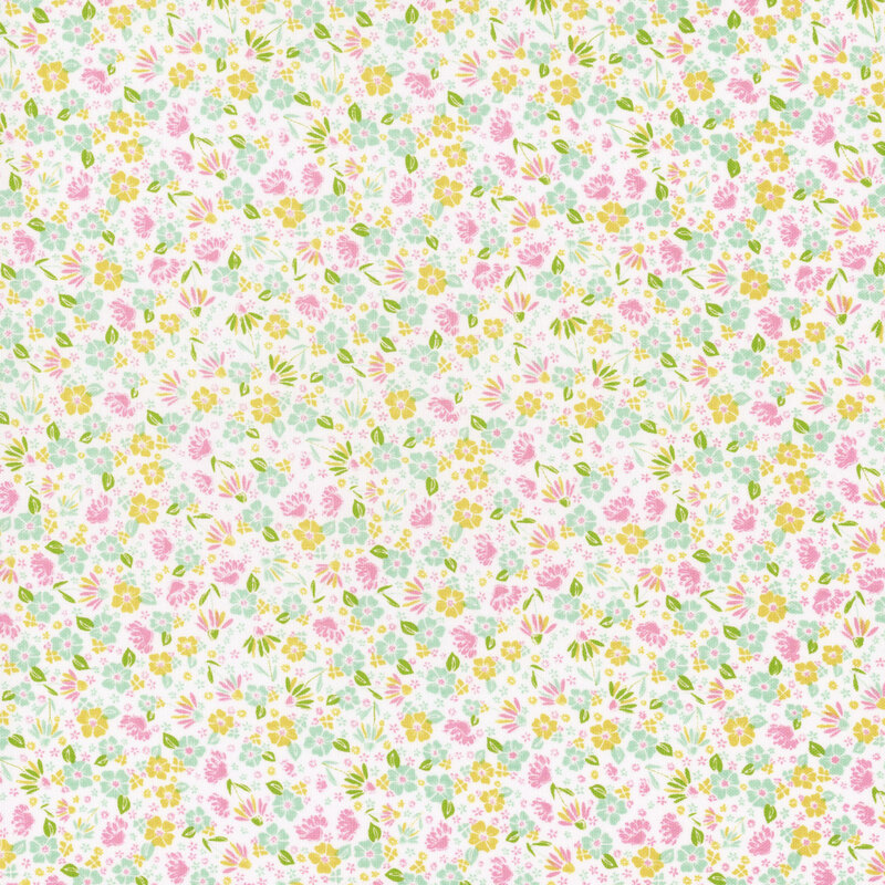 White fabric covered in small, multi colored florals and leaves