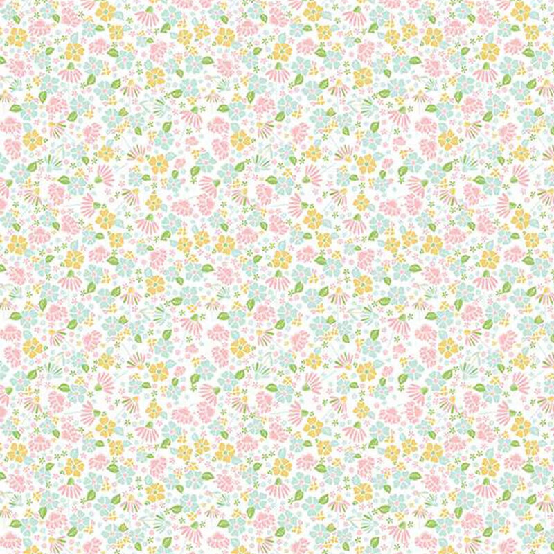 White fabric covered in small, multi colored florals and leaves