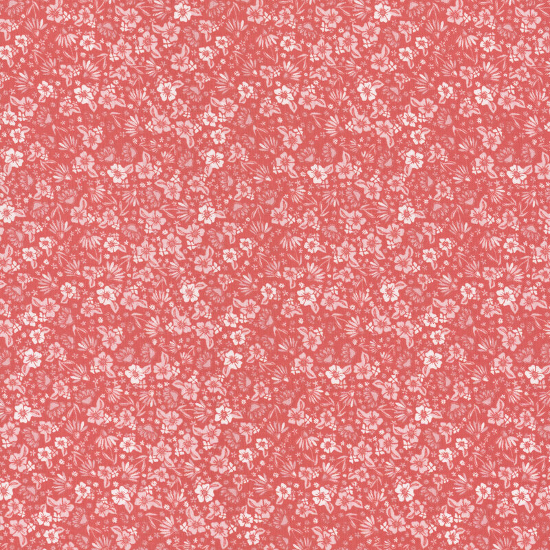 Red fabric covered in small, white, scattered florals and leaves