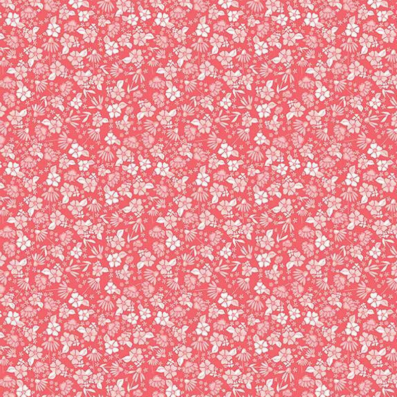 Red fabric covered in small, white, scattered florals and leaves