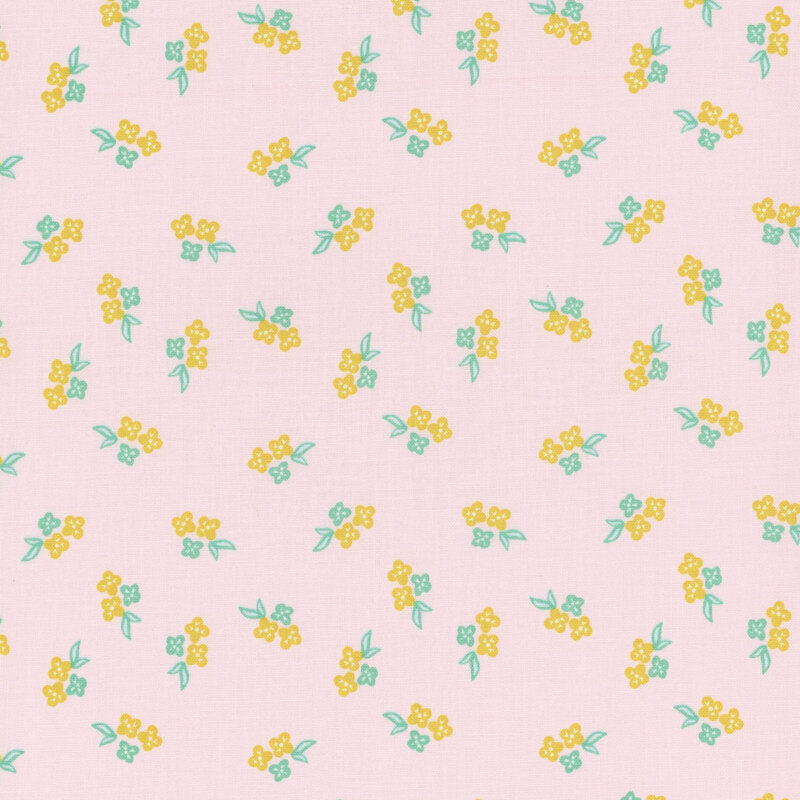 Light pink fabric with a calico patter of orange and teal florals