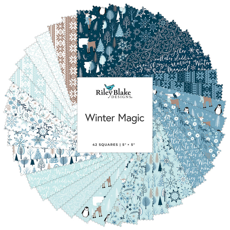 A circular arrangement of 42 fabric squares in blues and whites, labeled Winter Magic by Riley Blake Designs.