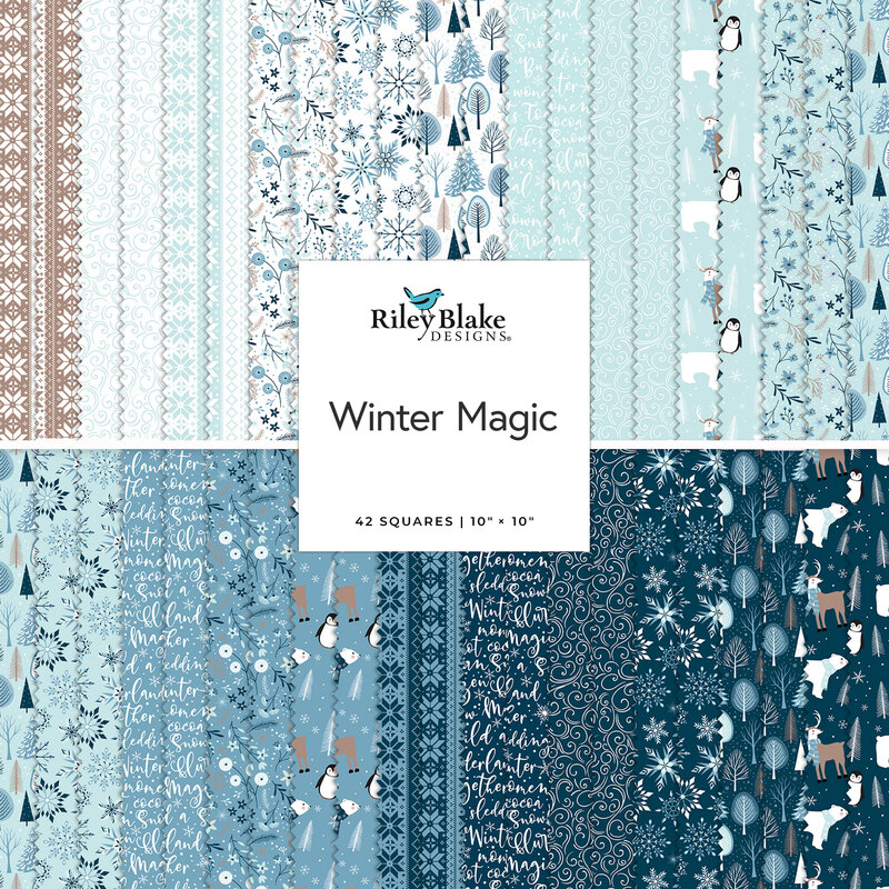 Collage of fabric patterns in winter themes, featuring snowflakes, trees, and penguins by Riley Blake.