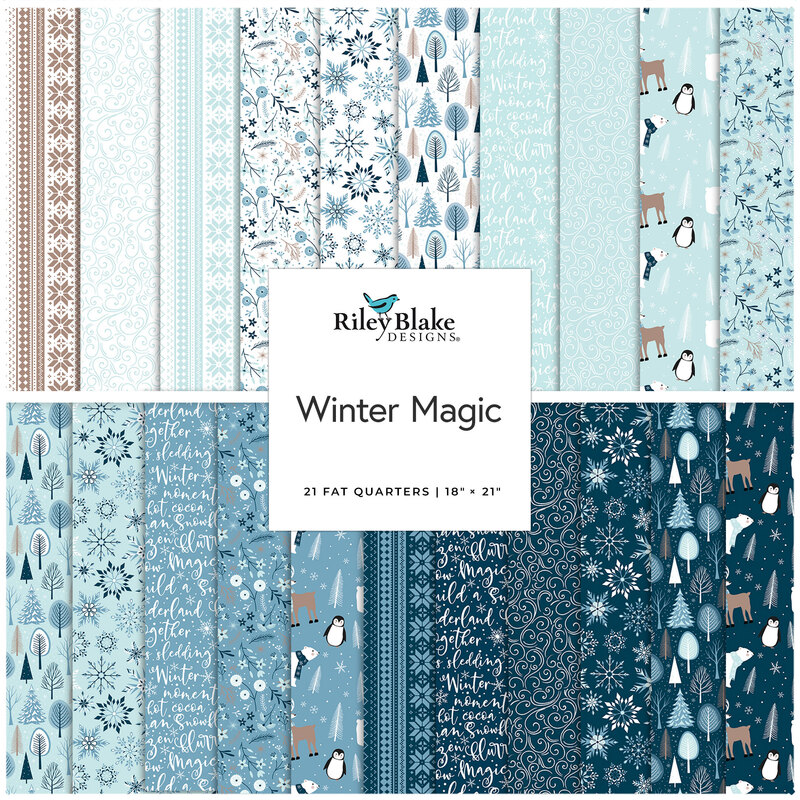 A collage of winter-themed fabric patterns in blues and whites, featuring trees, snowflakes, and animals.