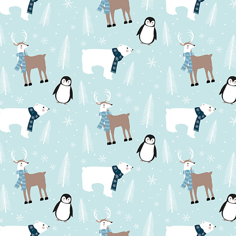 Fabric featuring penguins, polar bears, deer, and trees against a light aqua background with snowflakes.