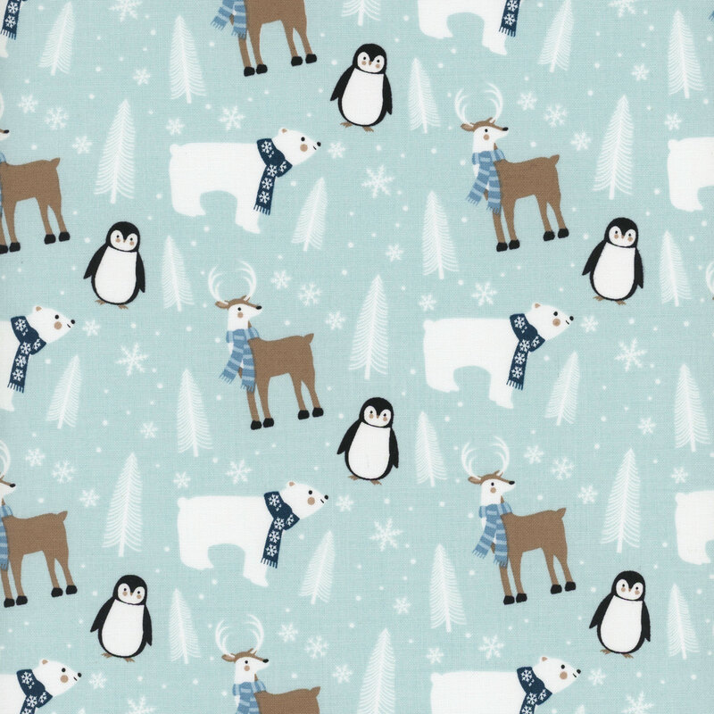 Fabric featuring penguins, polar bears, deer, and trees against a light aqua background with snowflakes.